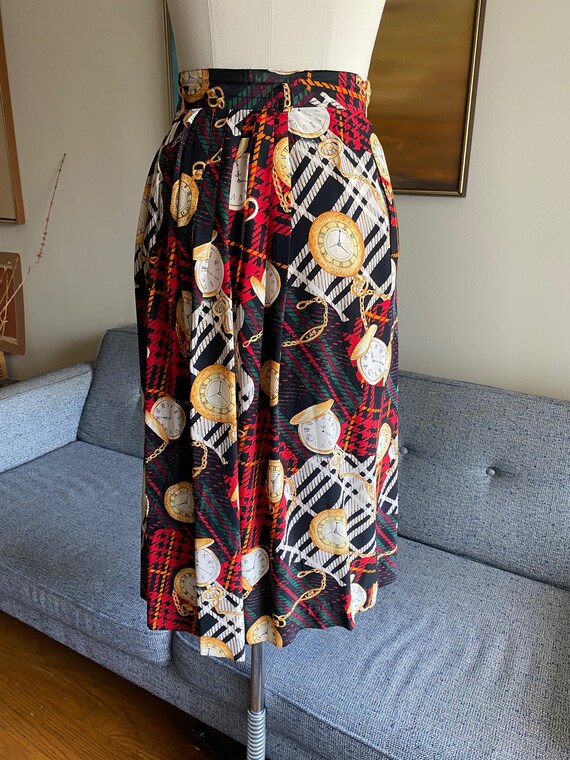Vintage Silk Printed Skirt, High Waisted, Clock P… - image 6