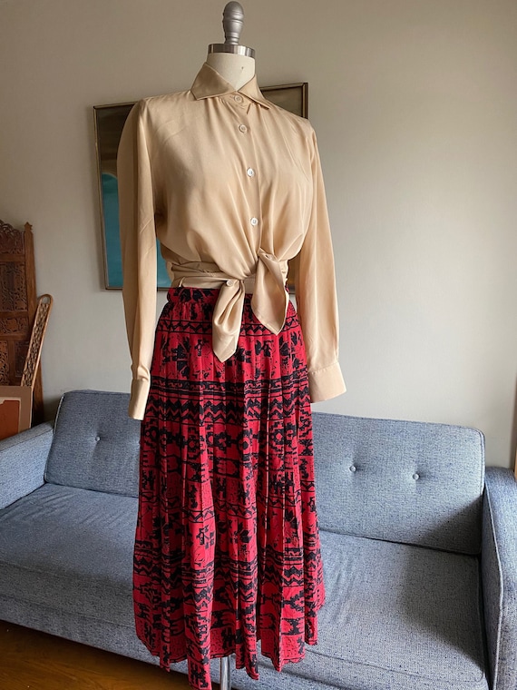 Vintage Red Silk Pleated Skirt, 80's Silk Skirt, H