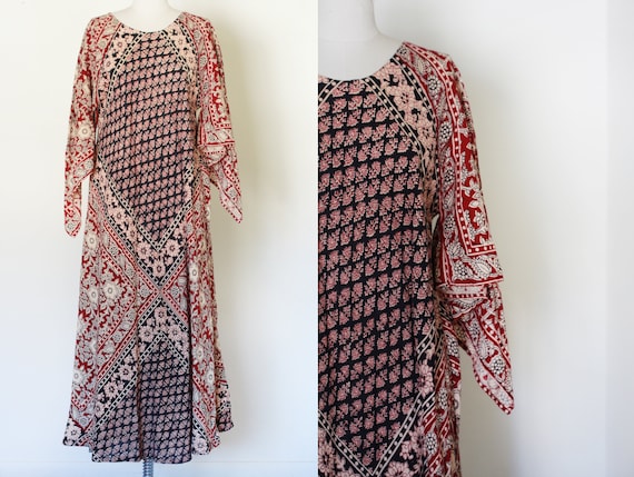 70's Vintage Block Printed Cotton Dress / Angel Sl