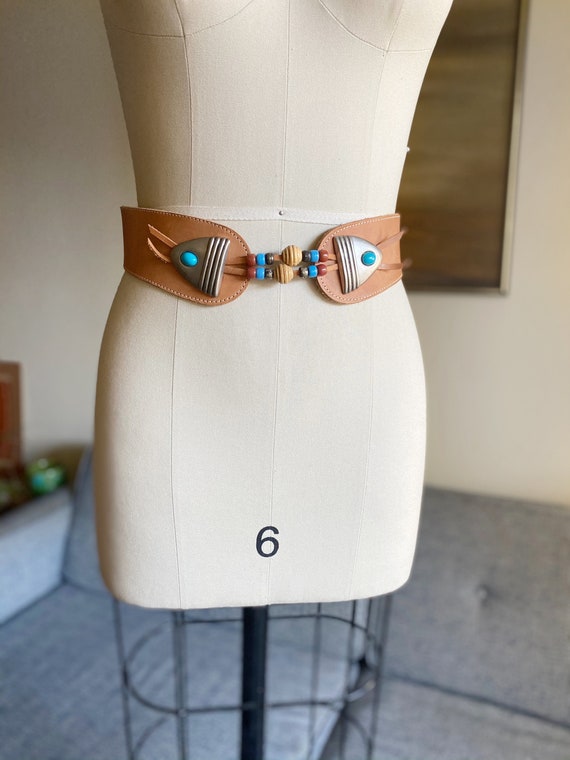 Vintage Leather and Beaded Belt, High Waisted Bel… - image 1