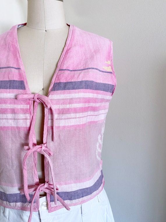 Vintage Pink Indian Cotton Vest, Lace Tie Vest, H… - image 6