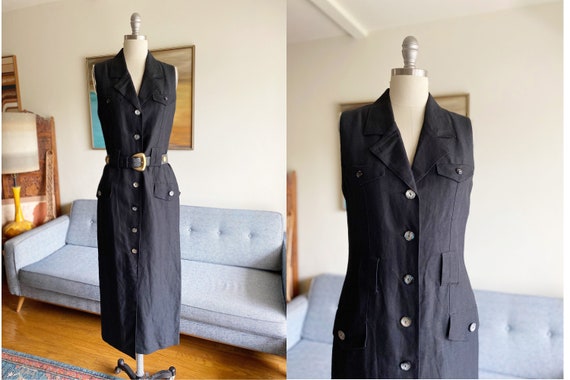 Vintage Minimalist Black Dress / Button Down Dress