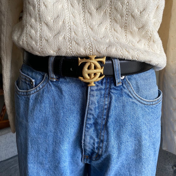 Vintage Iceberg Leather Belt, High Waisted, Black and Gold