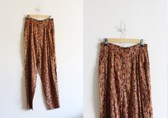 Vintage 90's High Waisted Printed Pants / Rayon Pa