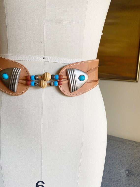 Vintage Leather and Beaded Belt, High Waisted Bel… - image 2