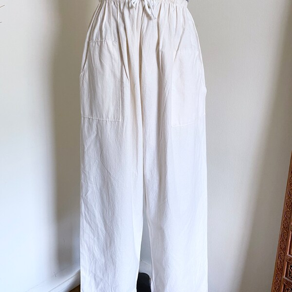 Vintage Cotton Trousers, Natural, Elasticated Waist, Wide Leg, S M