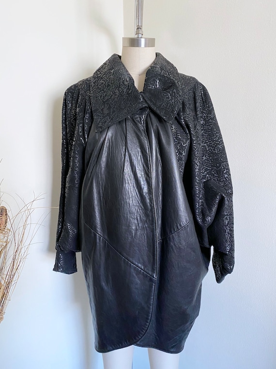 Vintage 80's Leather Batwing Coat, I Magnin, Textu