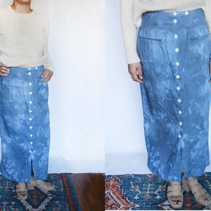 Vintage High Waisted Linen Skirt / Button up Skirt / Woven / Linen and Cotton / Tie Dye Skirt S image 2