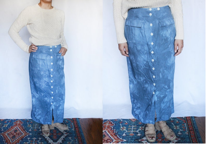 Vintage High Waisted Linen Skirt / Button up Skirt / Woven / Linen and Cotton / Tie Dye Skirt S image 2