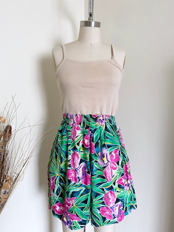 Vintage Floral Shorts, Cotton Blend, Elastic Waist
