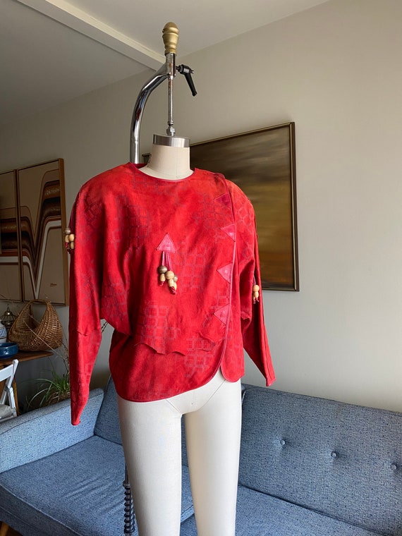 Vintage Red Suede Jacket / Avant Garde / Beaded Tr