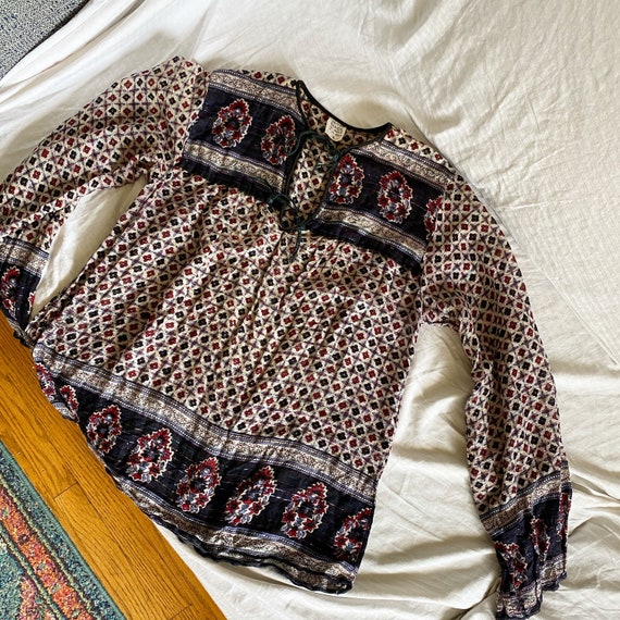 70's Vintage Cotton Gauze Blouse / Printed Indian