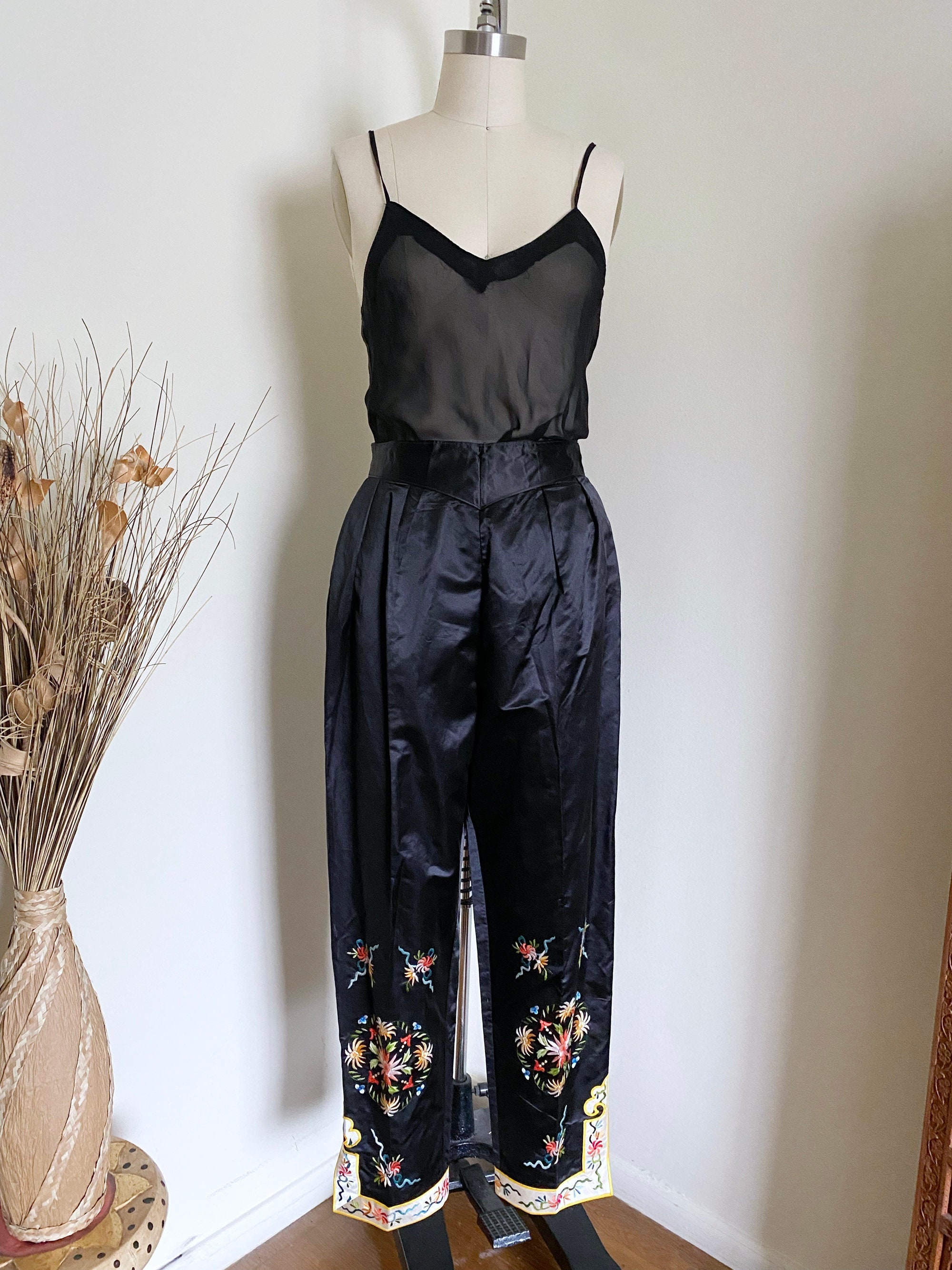 Vintage Silk Pajama Pants Floral Embroidered Side Closure - Etsy