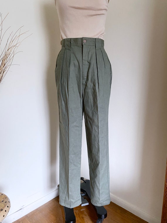 Vintage High Waisted Olive Trousers, Cotton and L… - image 5