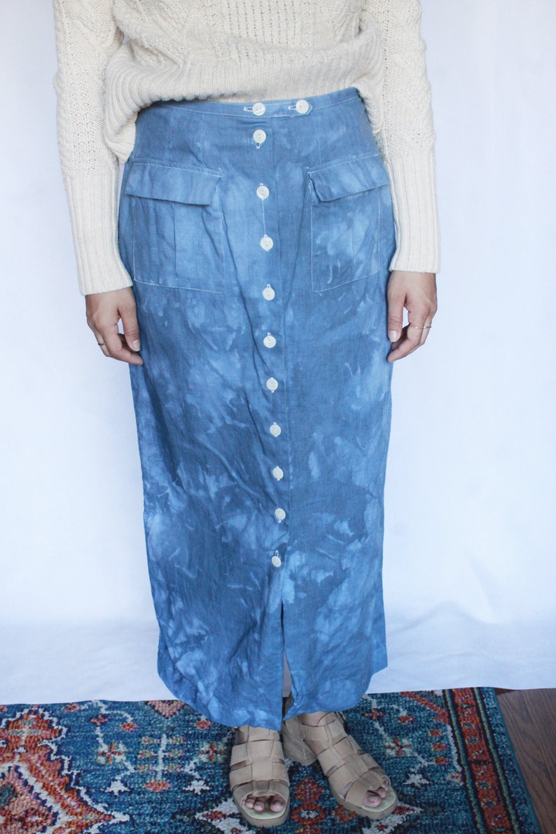 Vintage High Waisted Linen Skirt / Button up Skirt / Woven / Linen and Cotton / Tie Dye Skirt S image 4