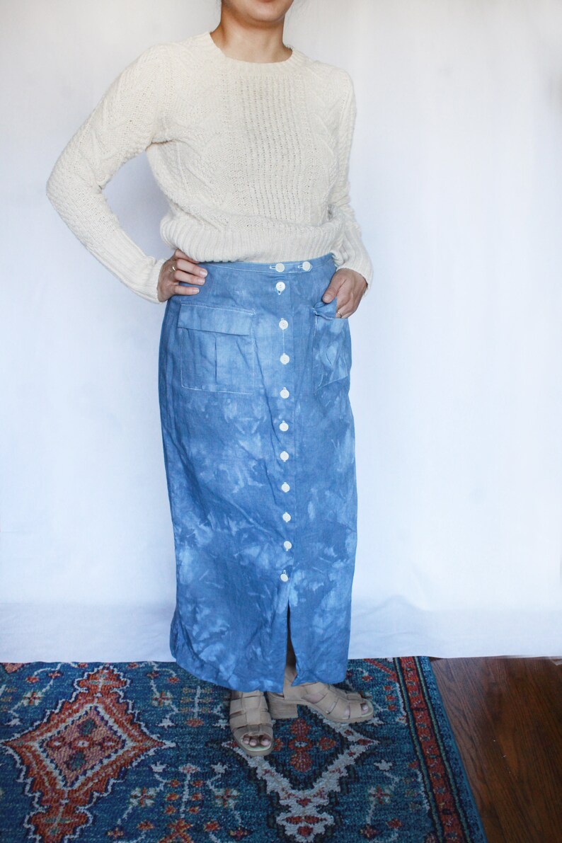 Vintage High Waisted Linen Skirt / Button up Skirt / Woven / Linen and Cotton / Tie Dye Skirt S image 5