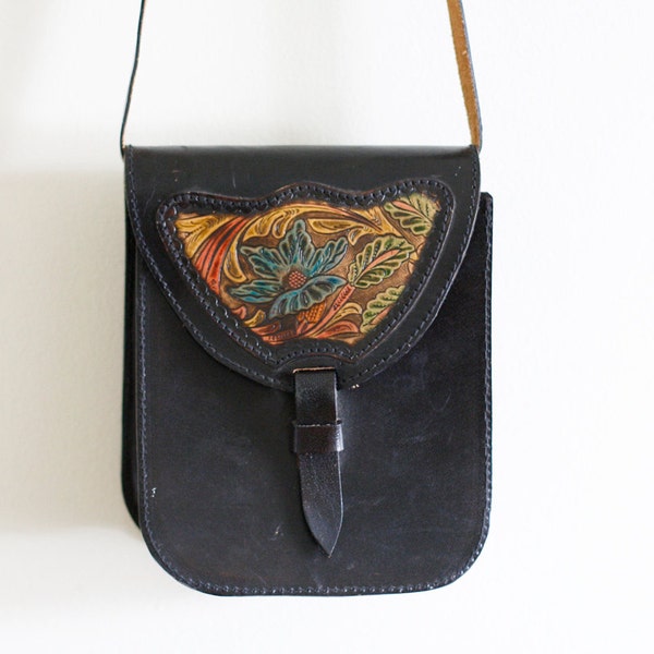 Vintage Black Leather Tooled Purse / Crossbody / Boho Hippie