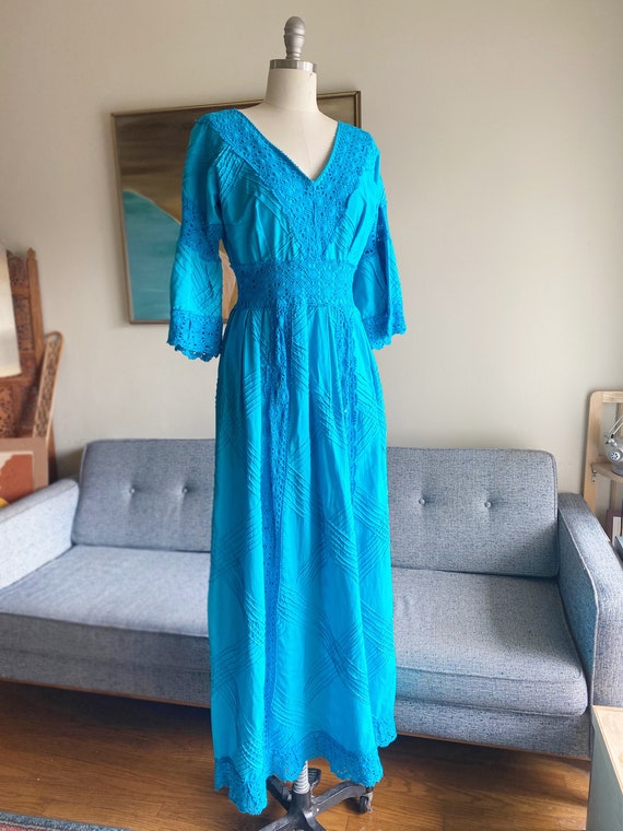 Vintage 70's Cotton Dress / Crochet Dress / Turquo