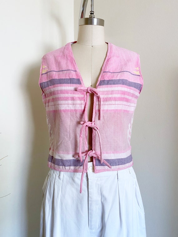 Vintage Pink Indian Cotton Vest, Lace Tie Vest, H… - image 1