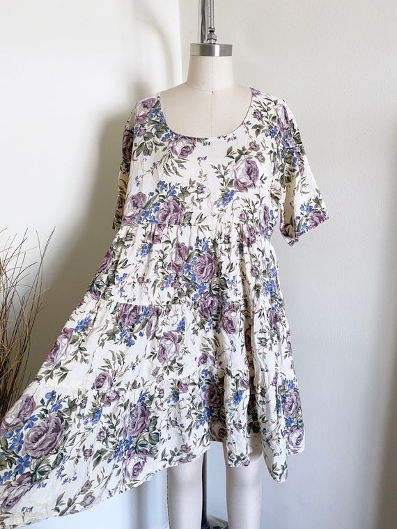Vintage Silk Printed Dress, Tiered Dress, Floral P