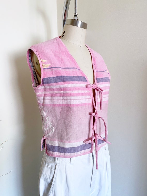 Vintage Pink Indian Cotton Vest, Lace Tie Vest, H… - image 4