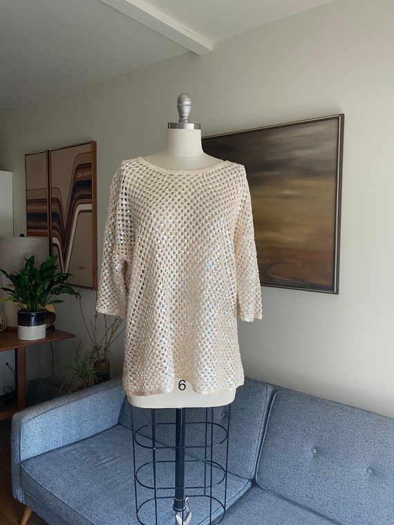 Vintage Ivory Sequined Sweater, Oversized Sweater,
