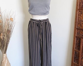 Vintage High Waisted Silk Pants, Striped Pattern, Wide Leg Style, M