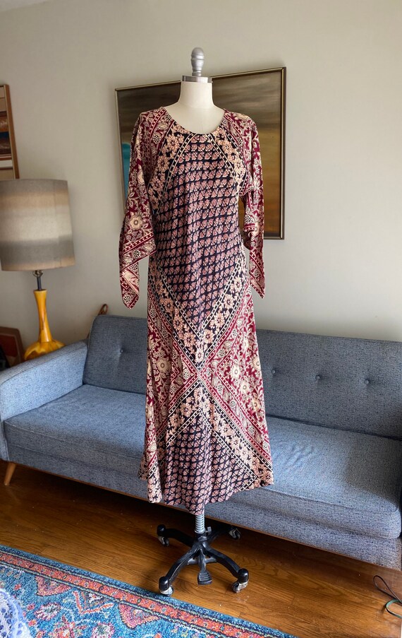 70's Vintage Block Printed Cotton Dress / Angel Sl