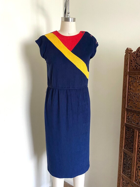 Vintage 80's Terry Cloth Dress Color Blocked Midi Dress Etsy