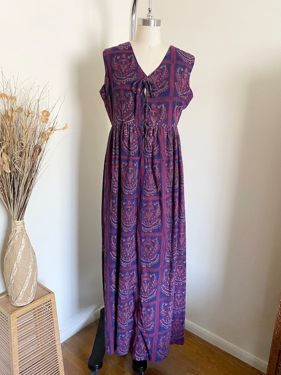 70's Vintage Block Printed Cotton Dress, Maxi Dre… - image 1