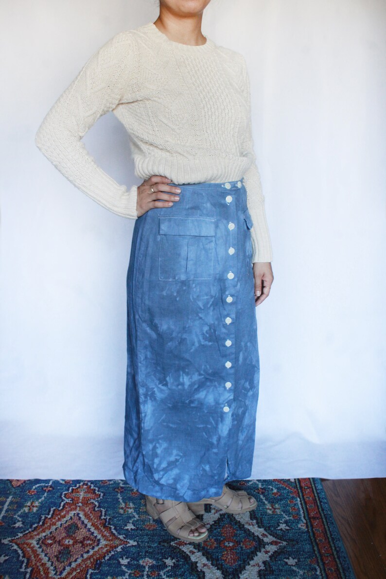 Vintage High Waisted Linen Skirt / Button up Skirt / Woven / Linen and Cotton / Tie Dye Skirt S image 6