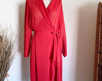 Vintage 80's Red Chiffon Wrap Dress, S