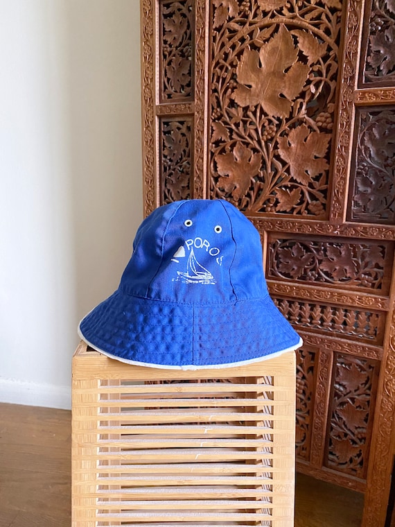 Vintage Bucket Hat, Blue and White, Cotton