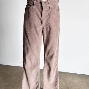 May include: Mauve corduroy trousers. These trousers feature a classic five-pocket design, a button and zip fastening, and a straight leg. The fabric has a vertical ribbed texture. The trousers are displayed on a mannequin.