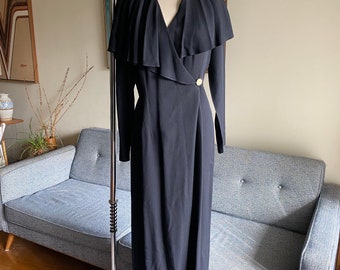 Vintage 90's Black Jumpsuit, Large Ruffle Collar, Minimalist Style, M L