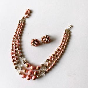 Vintage 60&#39;s Pink and Gold Beaded Necklace and Earrings Set
