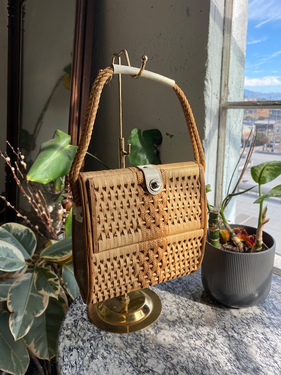 Vintage Wood Purse, 60's Basket Purse, Brown and … - image 1