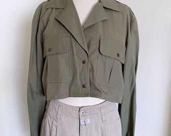 Vintage Cropped Cotton Jacket, Olive, Open Back, 90's Vintage