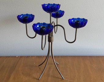Gunnar Ander For Ystad Metall Tall Candlestick Holder In Brass And Blue Glass