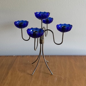Gunnar Ander For Ystad Metall Tall Candlestick Holder In Brass And Blue Glass