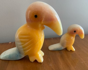 Vintage Carved Stone Parrot Paper Weight Yellow White Blue
