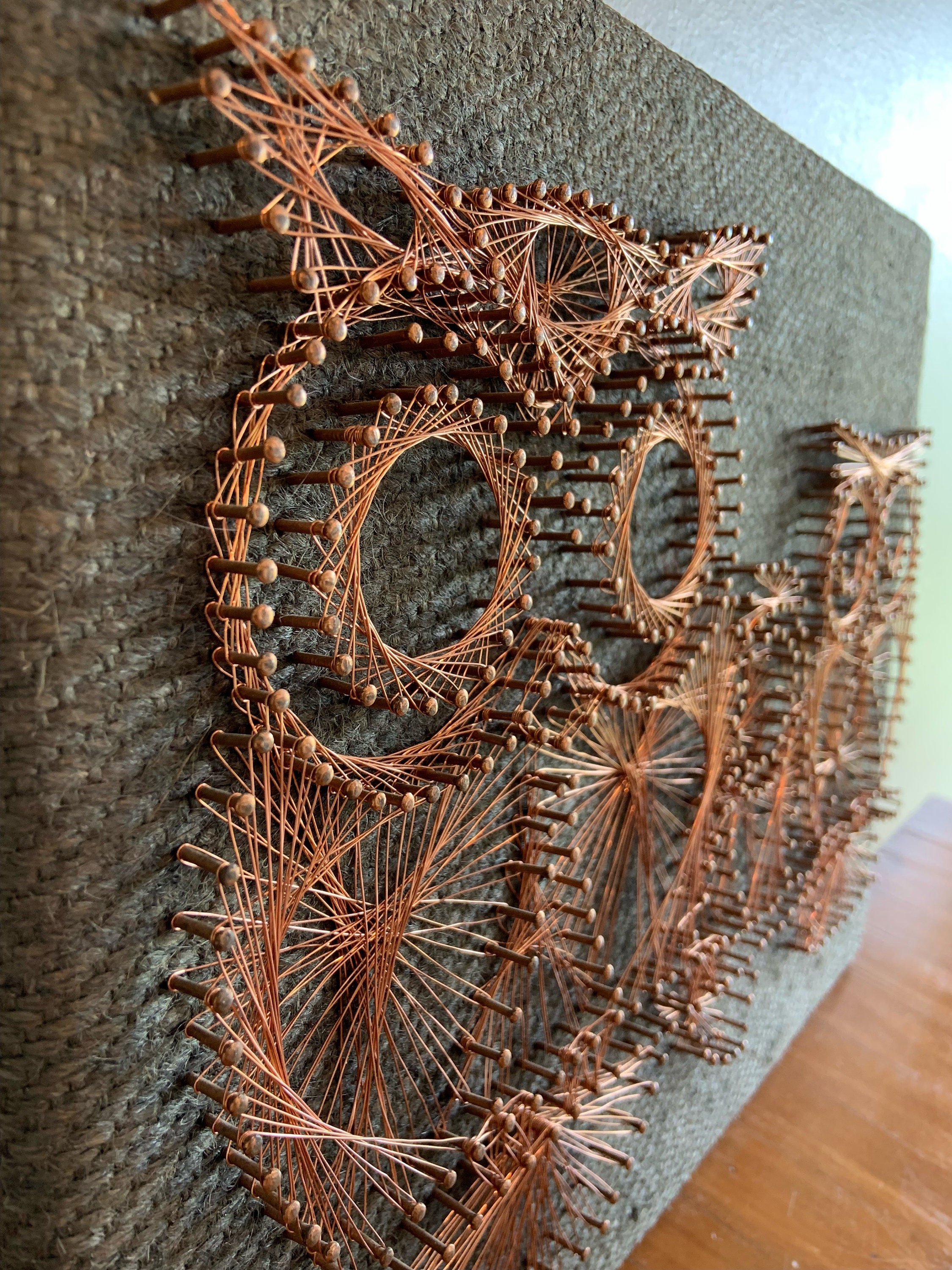 Vintage 1970s Owl Copper Wire String Art Burlap Mounted Etsy