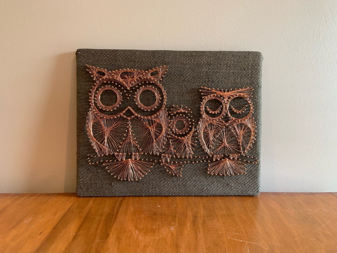 Vintage 1970s Owl Copper Wire String Art Burlap Mounted Etsy