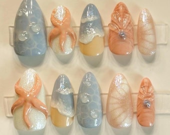 Ocean Waves Press-on Set | Handmade Gel-x Press-on Nails