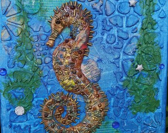 Seahorse.Mixed Media on Canvas .Handmade. Canvas art. Coastal Decor. Nautical art