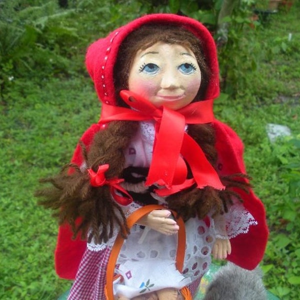 Red Riding Hood handmade folk art doll OOAK & Big Bad Wolf