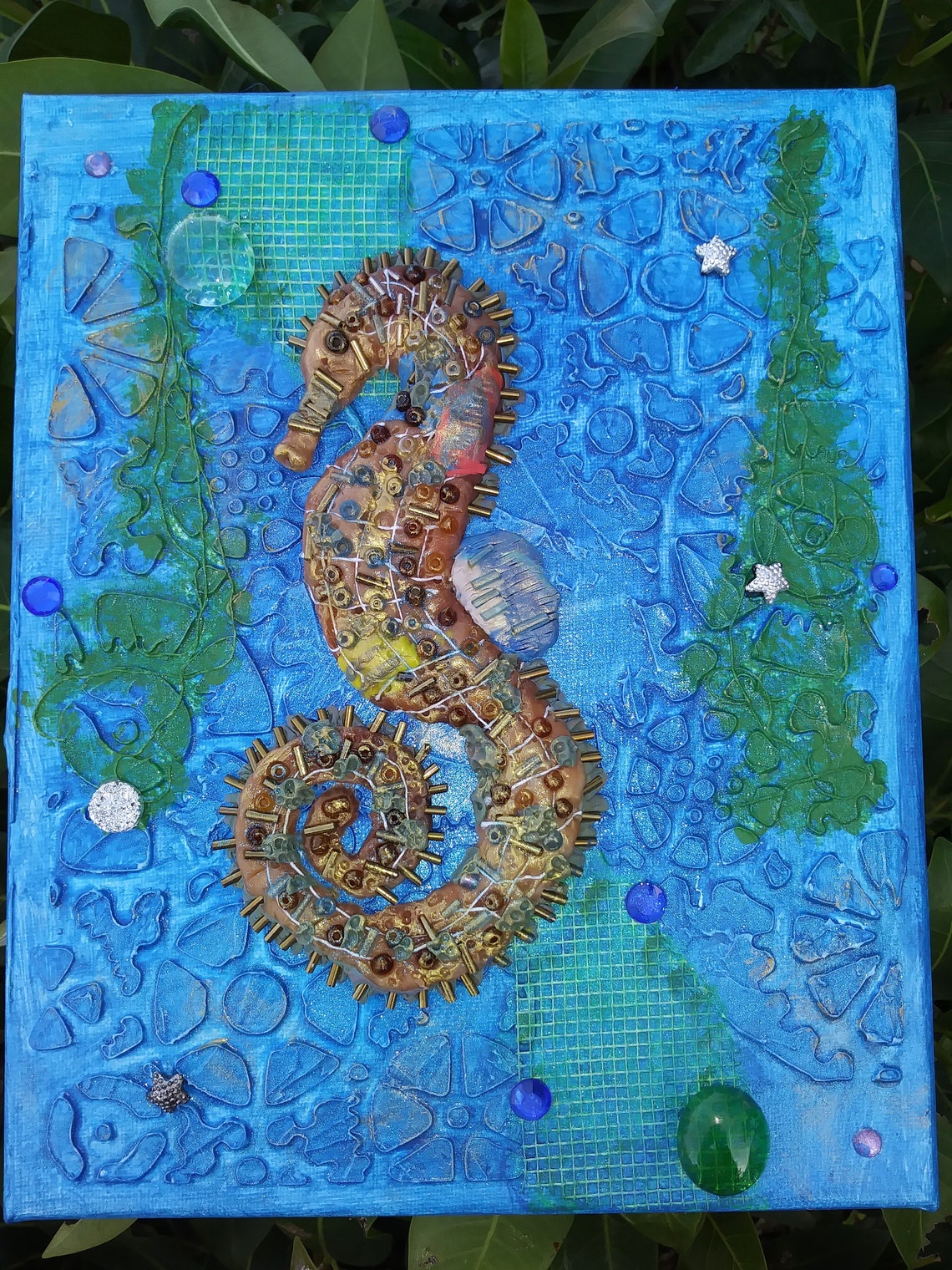 Seahorse.Mixed Media on Canvas .Handmade. Canvas art. Coastal Etsy