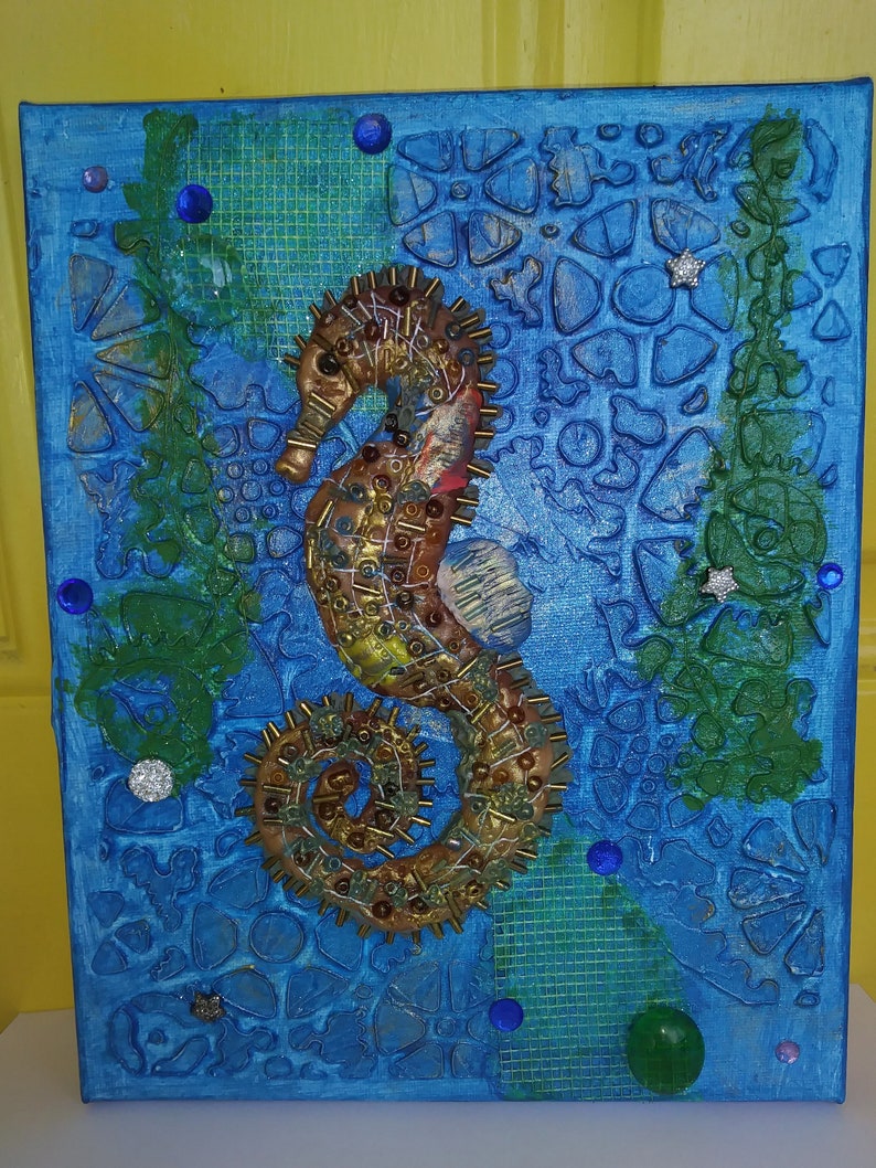 Seahorse.mixed Media on Canvas .handmade. Canvas Art. Coastal Etsy