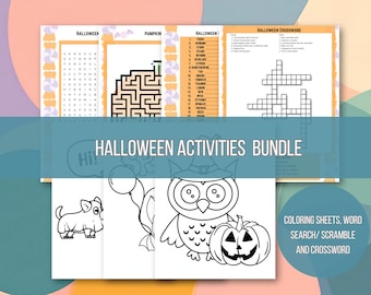 Peut inclure: Un ensemble d'activités d'Halloween comprenant des feuilles à colorier, des jeux de recherche de mots, un labyrinthe et un mots croisés. L'image comprend un hibou, une citrouille et un chien de dessin animé. Le texte comprend "Halloween Activities Bundle".