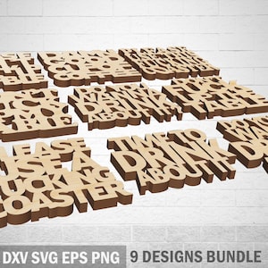 Może przedstawiać: Dziewięć drewnianych wzorów podkładek z różnymi frazami, w tym "Please Use A Fucking Coaster" i "Time to Drink About It". Podkładki są jasnobrązowe z ciemniejszymi krawędziami, na tle białej ceglanej ściany.